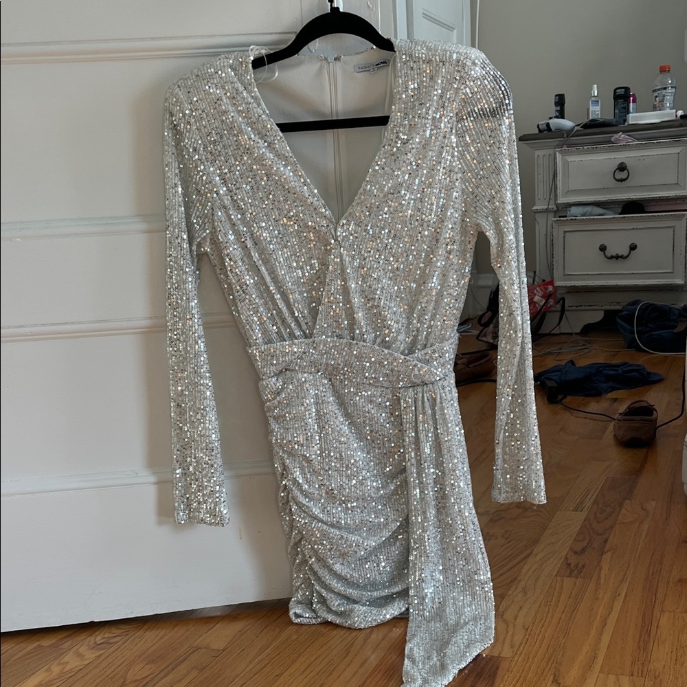Fashion Nova Silver Sequin Long Sleeve Dress
